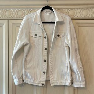 Cool rarely worn White Denim Jacket with some textured rips on sleeves
